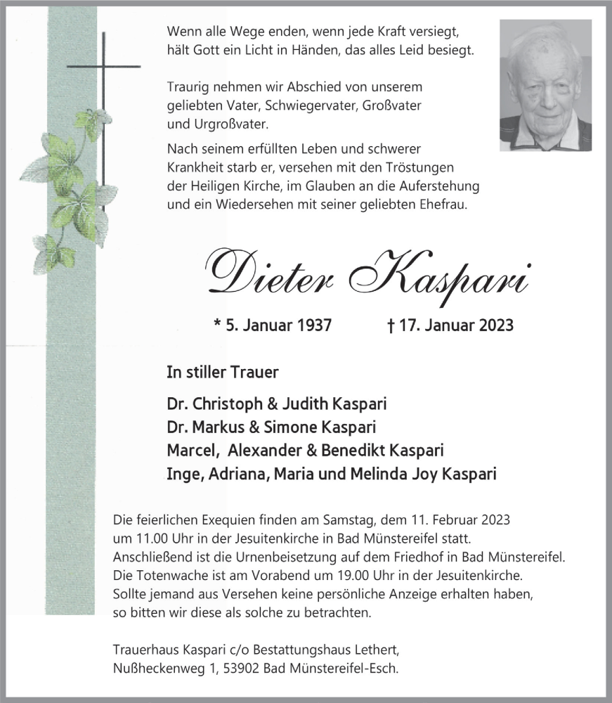  Traueranzeige für Dieter Kaspari vom 21.01.2023 aus  Blickpunkt Euskirchen 