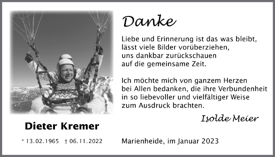 Anzeige von Dieter Kremer von  Anzeigen Echo 
