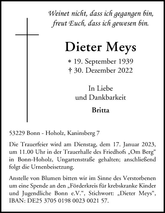 Anzeige von Dieter Meys von Kölner Stadt-Anzeiger / Kölnische Rundschau / Express