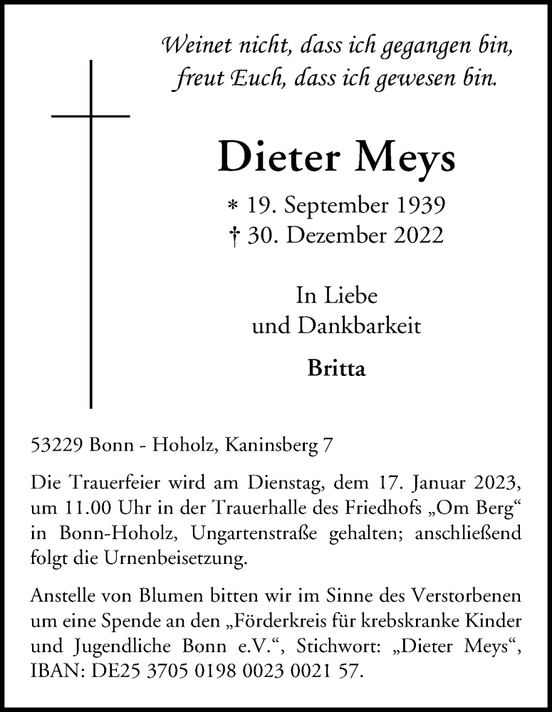  Traueranzeige für Dieter Meys vom 14.01.2023 aus Kölner Stadt-Anzeiger / Kölnische Rundschau / Express