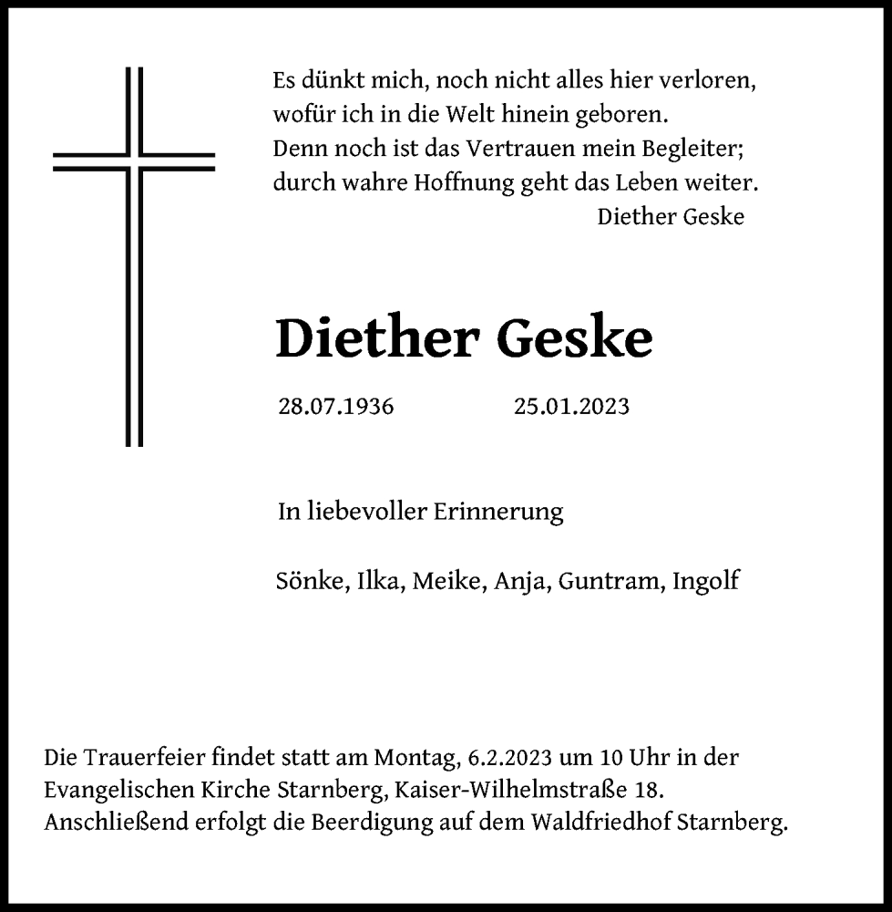 Traueranzeige für Diether Geske vom 31.01.2023 aus Kölner Stadt-Anzeiger / Kölnische Rundschau / Express