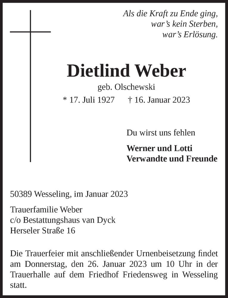  Traueranzeige für Dietlind Weber vom 20.01.2023 aus  Schlossbote/Werbekurier 