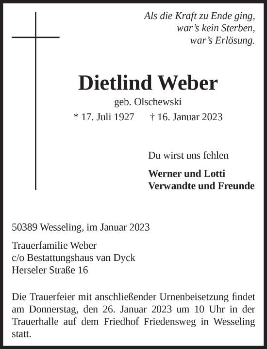Anzeige von Dietlind Weber von  Schlossbote/Werbekurier 