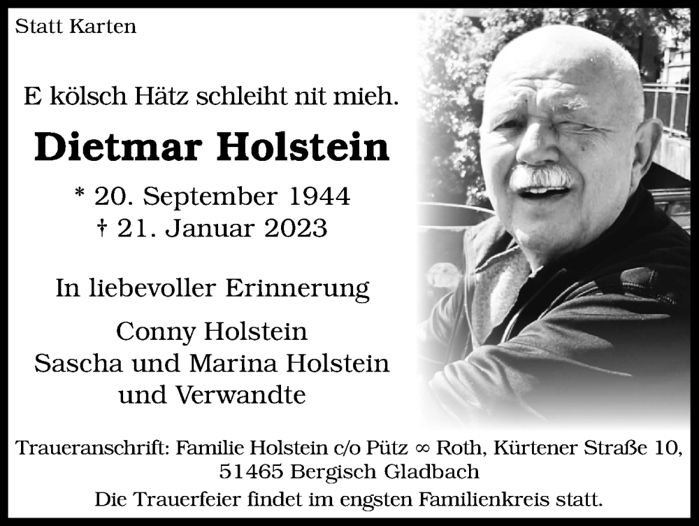  Traueranzeige für Dietmar Holstein vom 28.01.2023 aus Kölner Stadt-Anzeiger / Kölnische Rundschau / Express