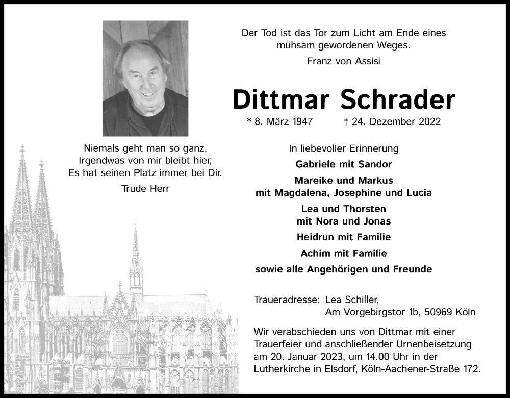  Traueranzeige für Dittmar Schrader vom 14.01.2023 aus Kölner Stadt-Anzeiger / Kölnische Rundschau / Express
