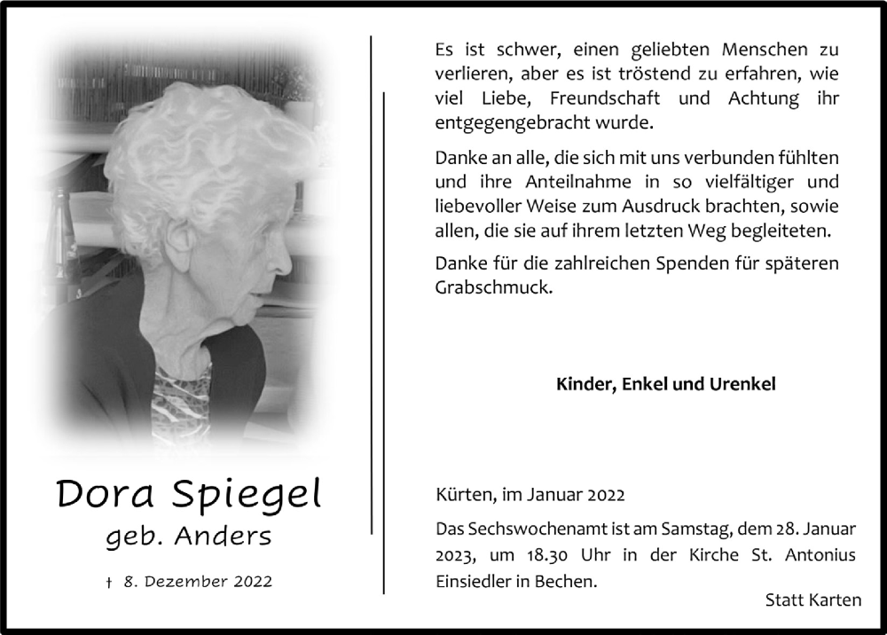  Traueranzeige für Dora Spiegel vom 20.01.2023 aus  Bergisches Handelsblatt 