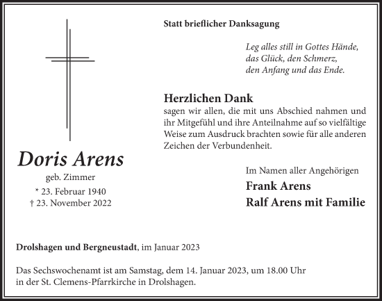 Anzeige von Doris Arens von  Anzeigen Echo 