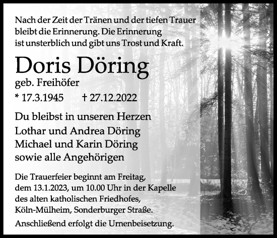 Anzeige von Doris Döring von Kölner Stadt-Anzeiger / Kölnische Rundschau / Express