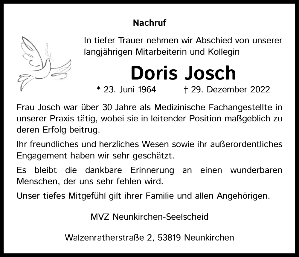  Traueranzeige für Doris Josch vom 07.01.2023 aus Kölner Stadt-Anzeiger / Kölnische Rundschau / Express