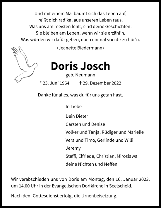 Anzeige von Doris Josch von Kölner Stadt-Anzeiger / Kölnische Rundschau / Express