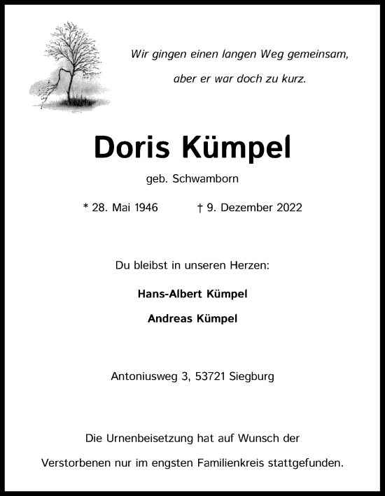 Anzeige von Doris Kümpel von Kölner Stadt-Anzeiger / Kölnische Rundschau / Express