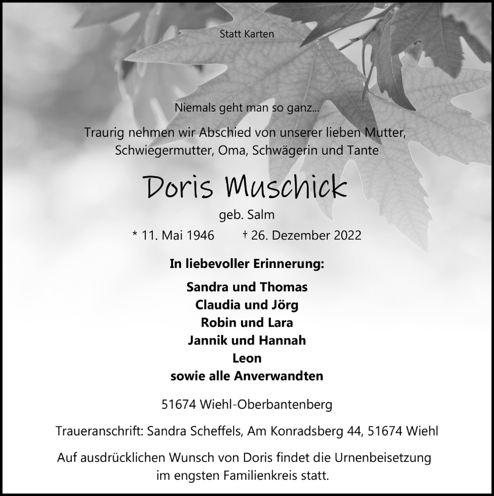  Traueranzeige für Doris Muschick vom 06.01.2023 aus  Anzeigen Echo 