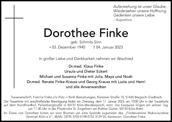 Anzeige von Dorothee Finke von Kölner Stadt-Anzeiger / Kölnische Rundschau / Express