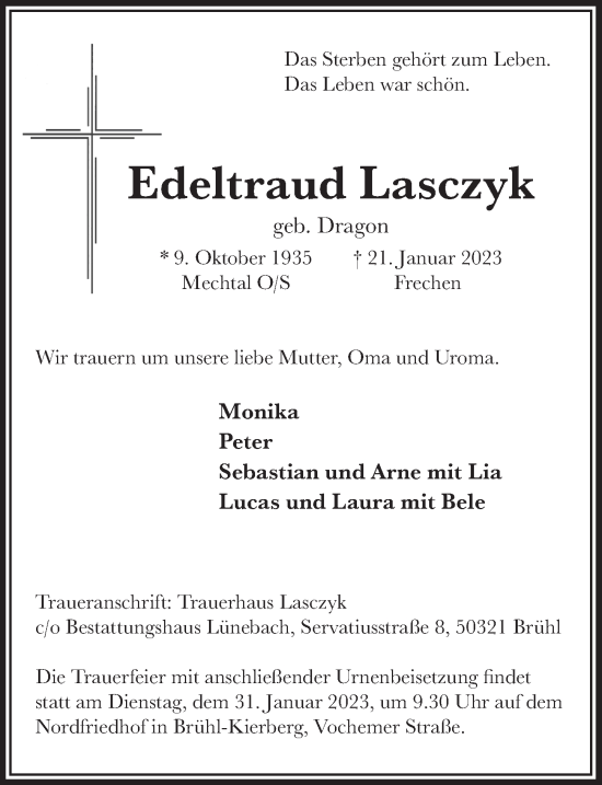 Anzeige von Edeltraud Lasczyk von  Schlossbote/Werbekurier 