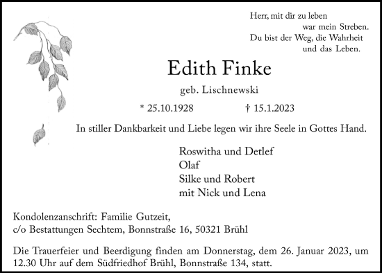 Anzeige von Edith Finke von  Schlossbote/Werbekurier 