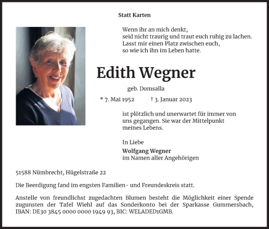 Anzeige von Edith Wegner von Kölner Stadt-Anzeiger / Kölnische Rundschau / Express