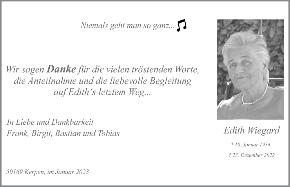 Traueranzeige für Edith Wiegand vom 27.01.2023 aus  Werbepost 