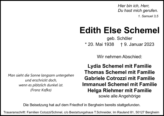 Anzeige von Edith Else Schemel von Kölner Stadt-Anzeiger / Kölnische Rundschau / Express