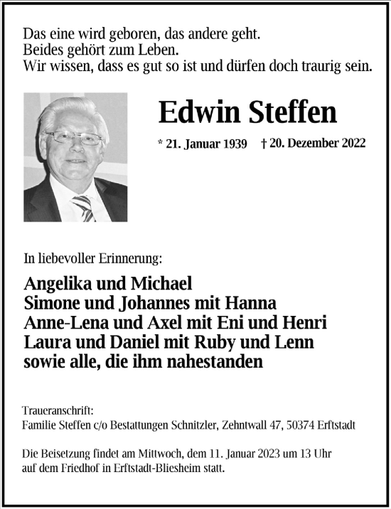 Anzeige von Edwin Steffen von  Werbepost 