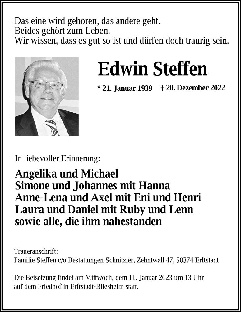  Traueranzeige für Edwin Steffen vom 07.01.2023 aus Kölner Stadt-Anzeiger / Kölnische Rundschau / Express