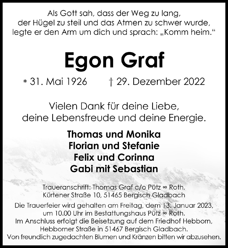  Traueranzeige für Egon Graf vom 06.01.2023 aus  Bergisches Handelsblatt 