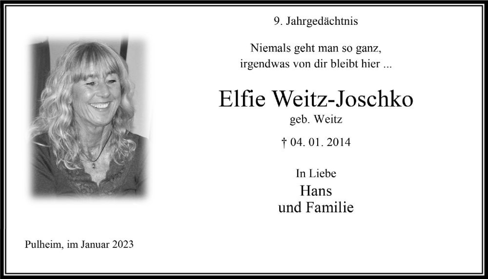  Traueranzeige für Elfie Weitz-Joschko vom 06.01.2023 aus  Wochenende 