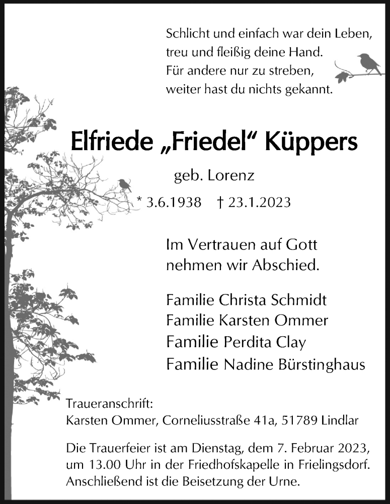  Traueranzeige für Elfriede Küppers vom 28.01.2023 aus Kölner Stadt-Anzeiger / Kölnische Rundschau / Express