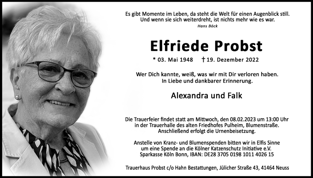  Traueranzeige für Elfriede Probst vom 28.01.2023 aus Kölner Stadt-Anzeiger / Kölnische Rundschau / Express