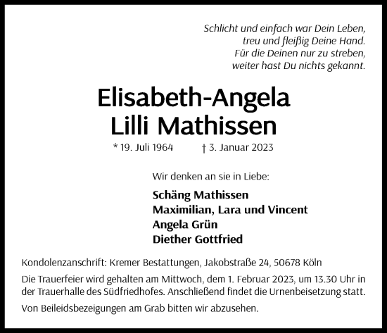 Anzeige von Elisabeth-Angela Lilli Mathissen von Kölner Stadt-Anzeiger / Kölnische Rundschau / Express