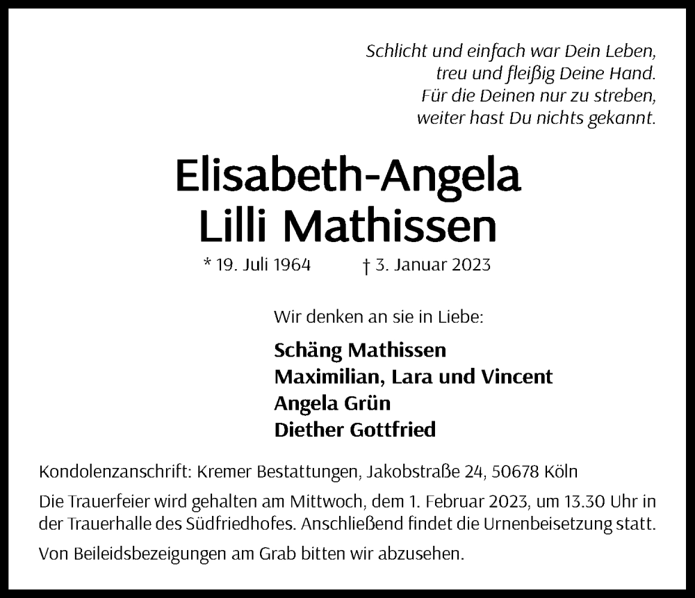  Traueranzeige für Elisabeth-Angela Lilli Mathissen vom 28.01.2023 aus Kölner Stadt-Anzeiger / Kölnische Rundschau / Express
