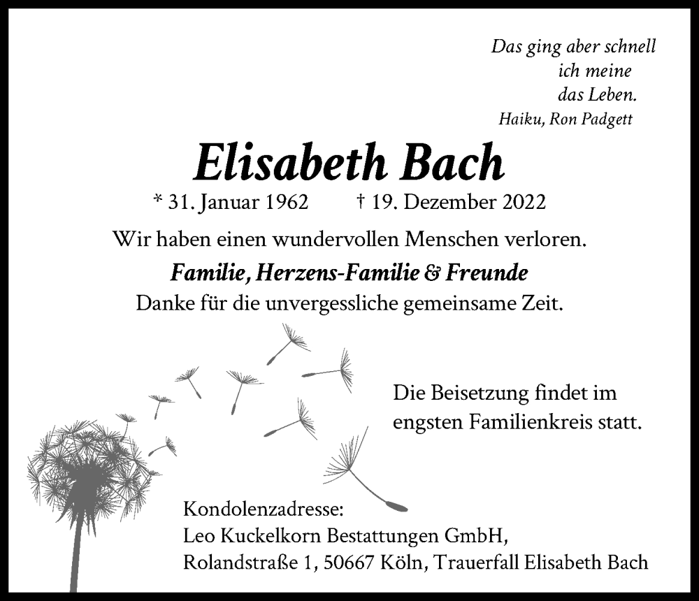  Traueranzeige für Elisabeth Bach vom 07.01.2023 aus Kölner Stadt-Anzeiger / Kölnische Rundschau / Express