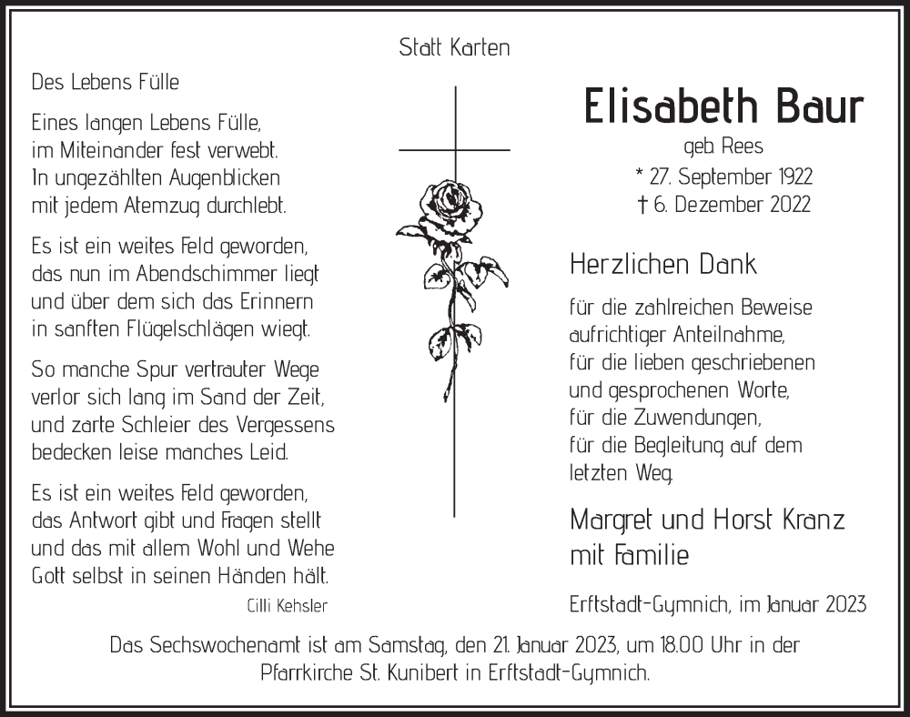  Traueranzeige für Elisabeth Baur vom 13.01.2023 aus  Werbepost 