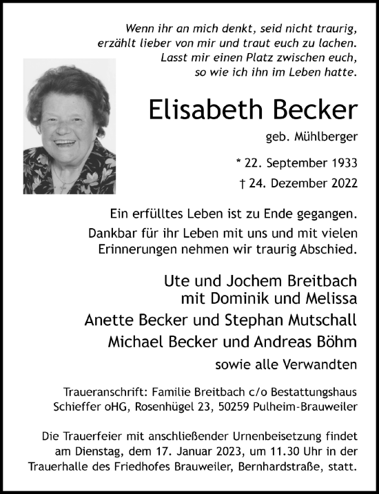 Anzeige von Elisabeth Becker von  EXPRESS - Die Woche  Werbepost 