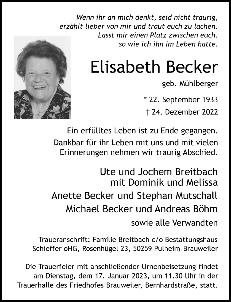  Traueranzeige für Elisabeth Becker vom 06.01.2023 aus  EXPRESS - Die Woche  Werbepost 