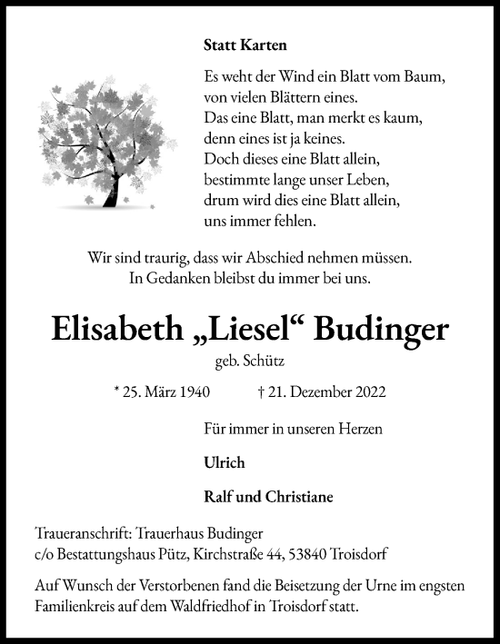 Anzeige von Elisabeth Budinger von Kölner Stadt-Anzeiger / Kölnische Rundschau / Express