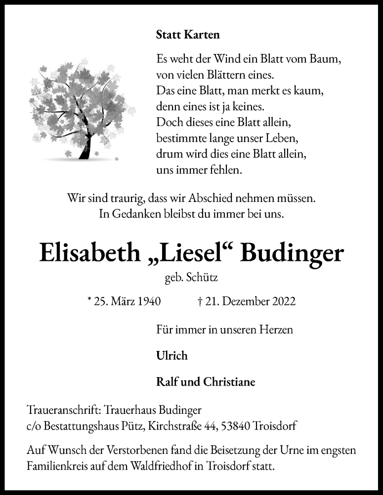  Traueranzeige für Elisabeth Budinger vom 14.01.2023 aus Kölner Stadt-Anzeiger / Kölnische Rundschau / Express