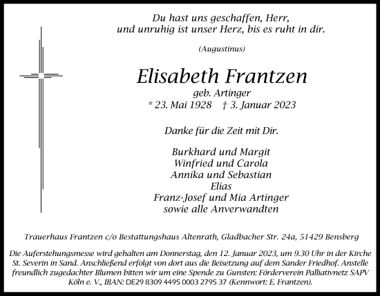 Anzeige von Elisabeth Frantzen von Kölner Stadt-Anzeiger / Kölnische Rundschau / Express