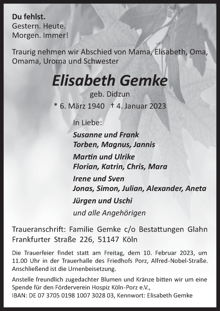  Traueranzeige für Elisabeth Gemke vom 13.01.2023 aus  EXPRESS - Die Woche 