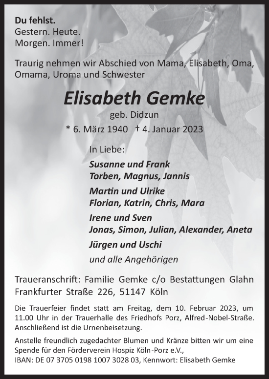 Anzeige von Elisabeth Gemke von  EXPRESS - Die Woche 