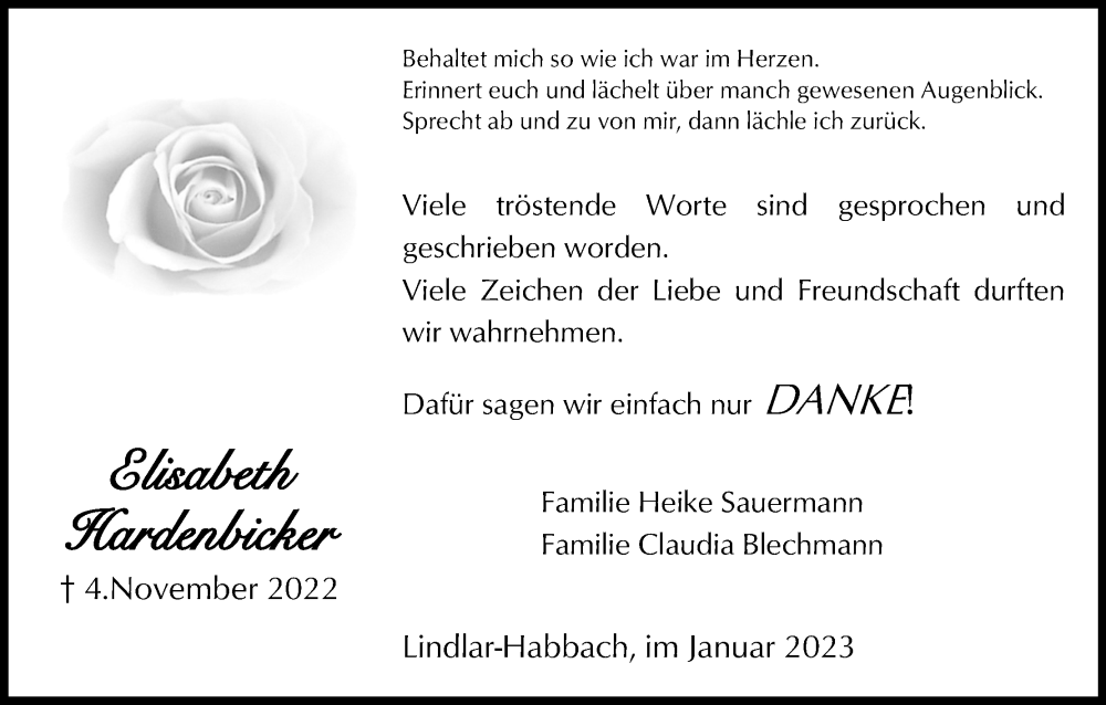  Traueranzeige für Elisabeth Hardenbicker vom 21.01.2023 aus Kölner Stadt-Anzeiger / Kölnische Rundschau / Express