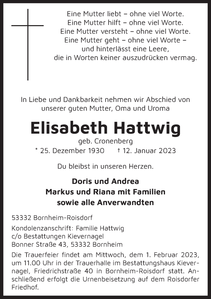  Traueranzeige für Elisabeth Hattwig vom 20.01.2023 aus  Schaufenster/Blickpunkt 
