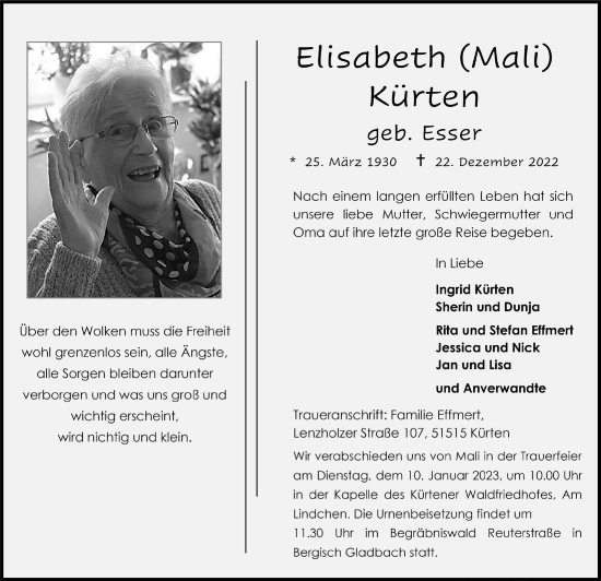 Anzeige von Elisabeth Kürten von  Bergisches Handelsblatt 