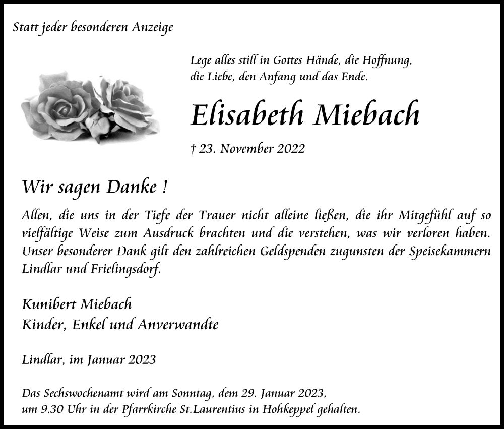  Traueranzeige für Elisabeth Miebach vom 21.01.2023 aus Kölner Stadt-Anzeiger / Kölnische Rundschau / Express