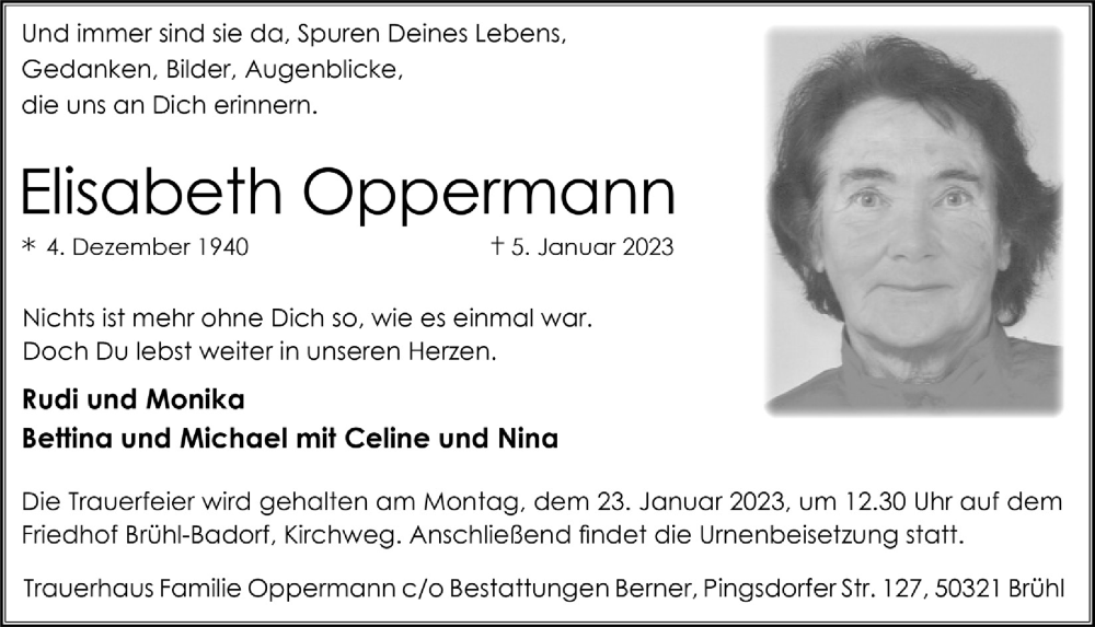  Traueranzeige für Elisabeth Oppermann vom 13.01.2023 aus  Schlossbote/Werbekurier 
