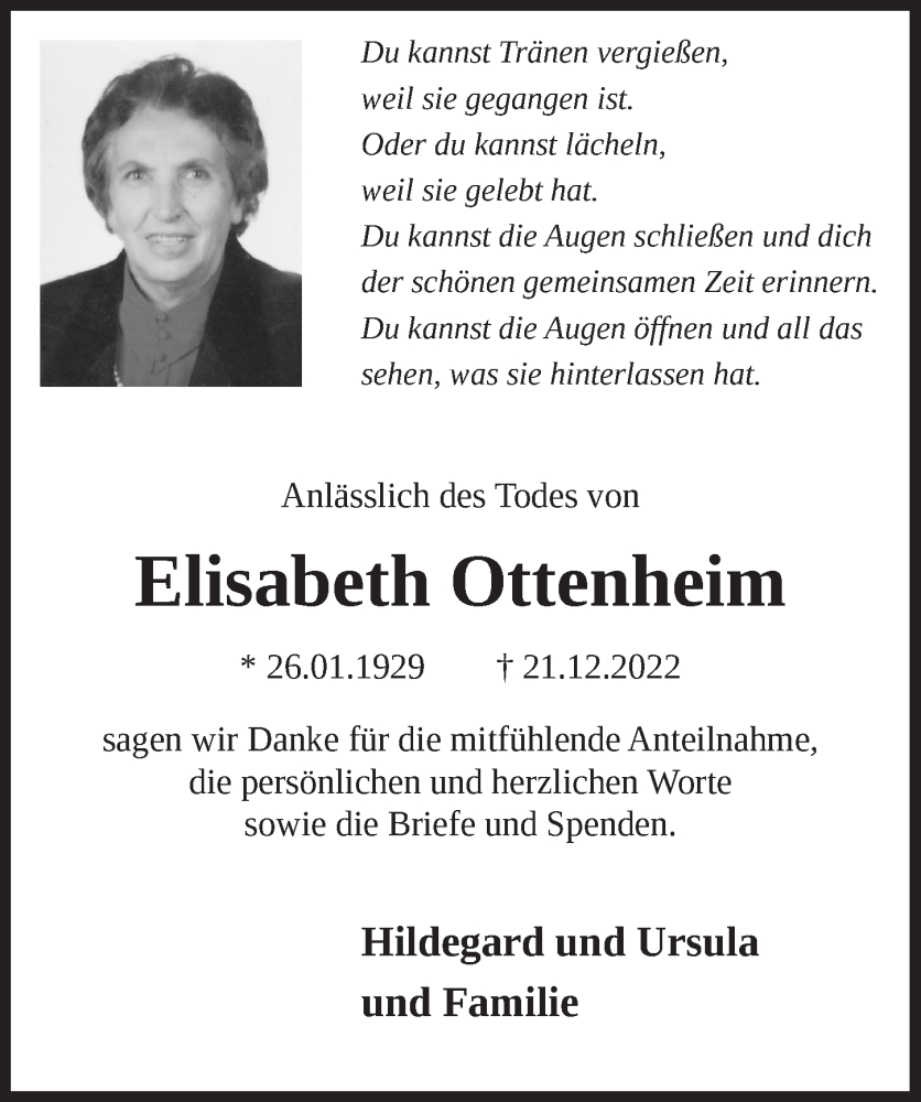 Traueranzeige für Elisabeth Ottenheim vom 21.01.2023 aus  Blickpunkt Euskirchen 