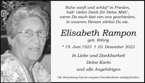 Anzeige von Elisabeth Rampon von  Bergisches Handelsblatt 