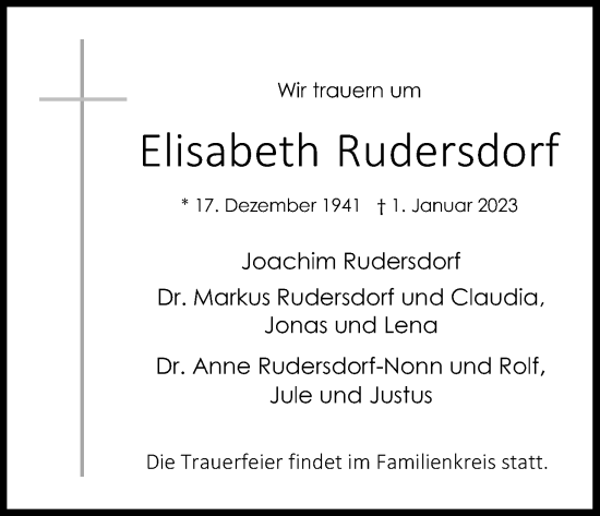 Anzeige von Elisabeth Rudersdorf von Kölner Stadt-Anzeiger / Kölnische Rundschau / Express