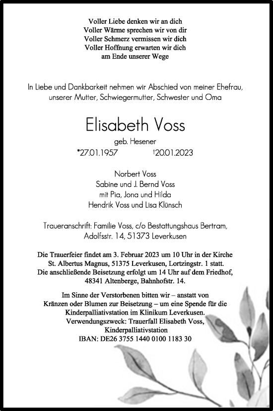 Anzeige von Elisabeth Voss von Kölner Stadt-Anzeiger / Kölnische Rundschau / Express