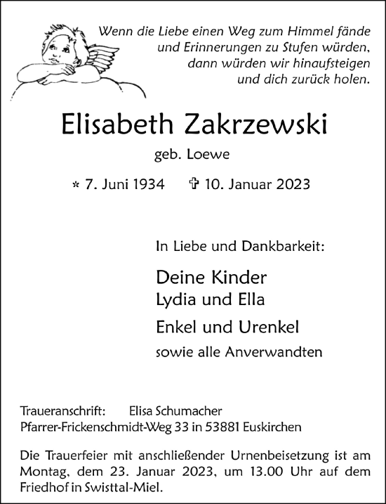 Anzeige von Elisabeth Zakrzewski von  Schaufenster/Blickpunkt 