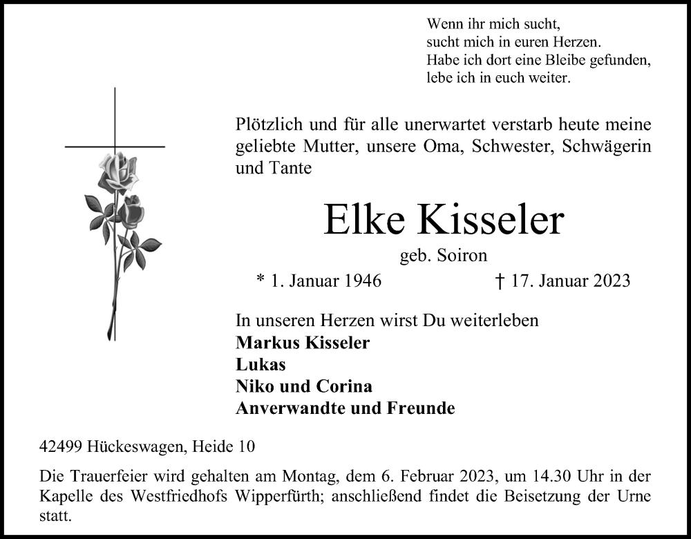  Traueranzeige für Elke Kisseler vom 28.01.2023 aus Kölner Stadt-Anzeiger / Kölnische Rundschau / Express